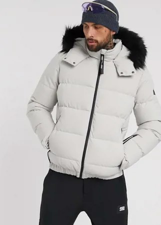 Дутая лыжная куртка с меховой отделкой ASOS 4505-Серый