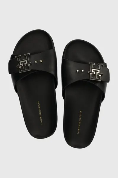 Кожаные шлепанцы TH HARDWARE LEATHER FLAT SANDAL Tommy Hilfiger, черный