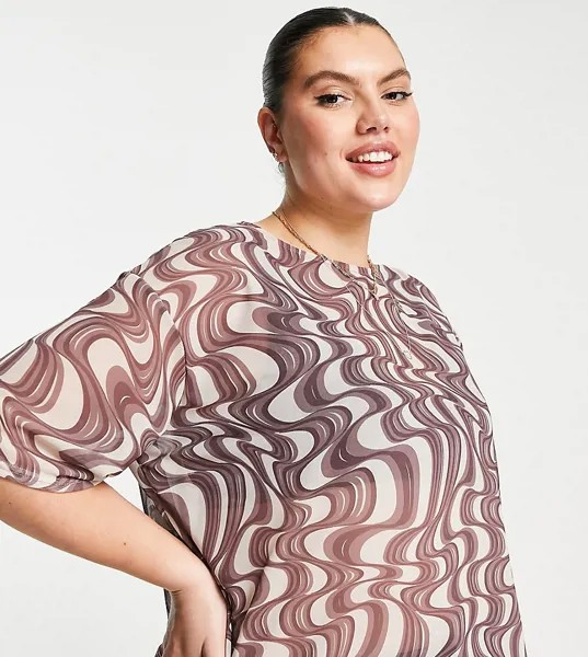 Сетчатая oversized-футболка с мраморным принтом ASOS DESIGN Curve-Коричневый цвет