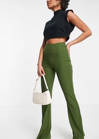Расклешенные брюки цвета хаки в рубчик ASOS DESIGN Tall-Зеленый цвет