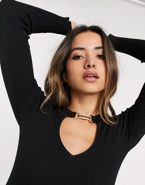 Черный трикотажный лонгслив с вырезом и декоративной застежкой River Island-Черный цвет