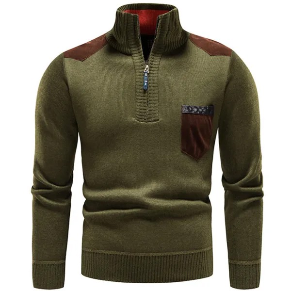 Мужской открытый вязаный свитер с цветными блоками и карманом с воротником-стойкой