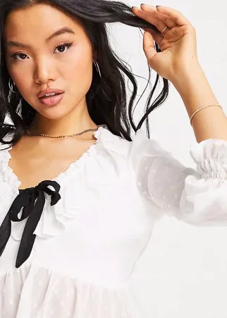 Белая шифоновая блузка из ткани добби в горошек с длинными рукавами и бантом River Island Petite-Белый