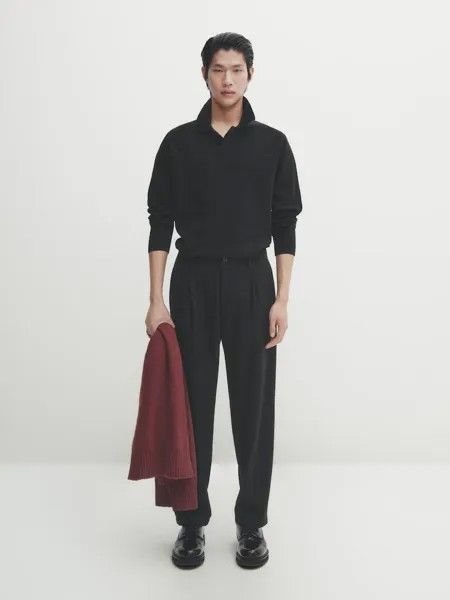 Свитер миланской вязки с воротником-поло Massimo Dutti, черный