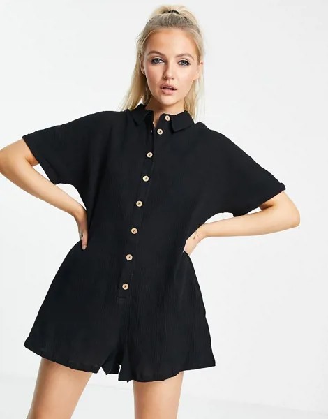 Черный ромпер с верхом в виде рубашки и полной застежкой на пуговицы ASOS DESIGN-Черный цвет