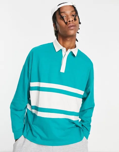 Зеленая футболка-поло oversize с длинными рукавами и белыми вставками ASOS DESIGN