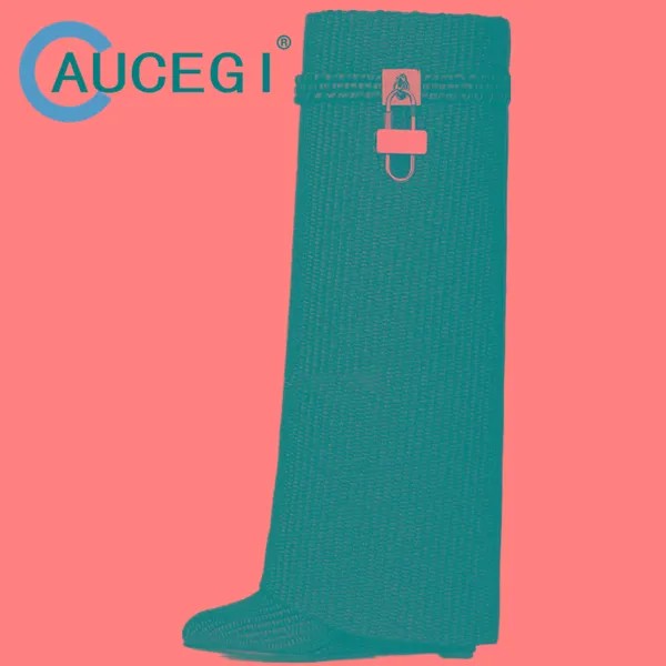 Женские плетеные сапоги до колена Aucegi, высокие сапоги на танкетке без застежек, с металлическим замком и острым носком, большие размеры 43