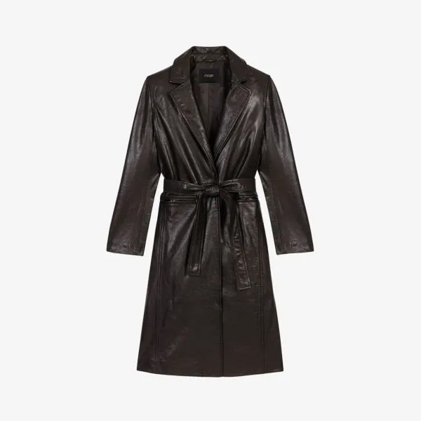 Кожаное пальто с ремешком и лацканами Maje, цвет noir / gris