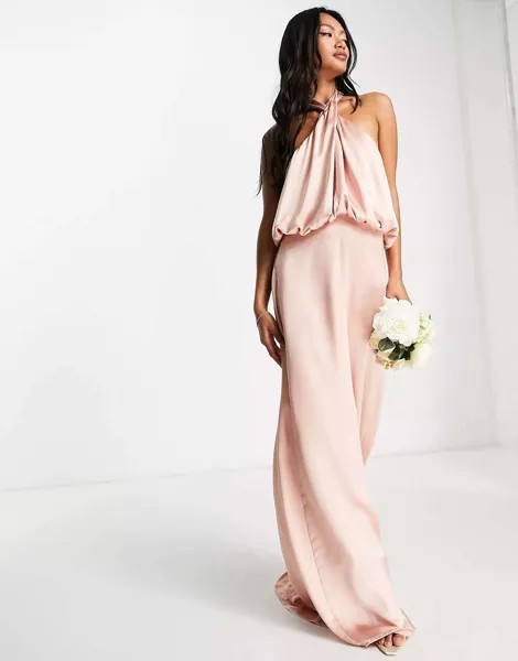 Розовое атласное платье макси с воротником-бретелькой Pretty Lavish Bridesmaid Sammie