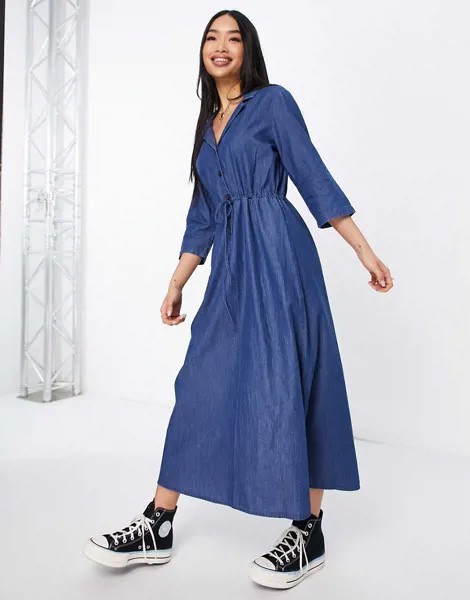 Джинсовое платье-рубашка миди синего цвета JDY Esran-Голубой