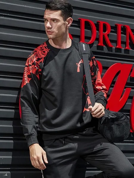 Milanoo Men Hoodies Jewel Neck Long Sleeves Printed Polyester Casual Sweatshirt