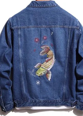 Мужской Джинсовая куртка с цветочным рисунком & рыба вышивкой с карманом