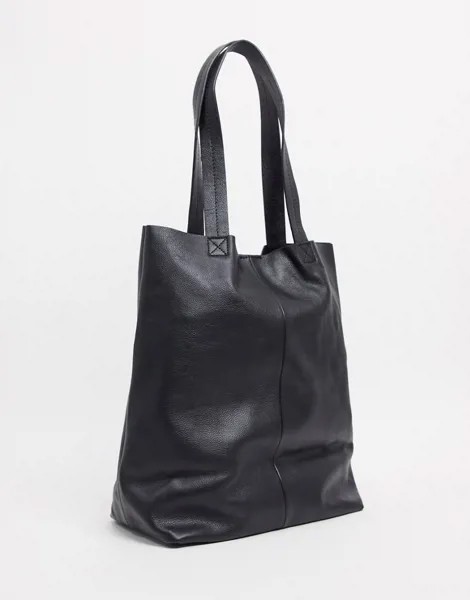 Черная кожаная большая сумка-тоут ASOS DESIGN-Черный цвет