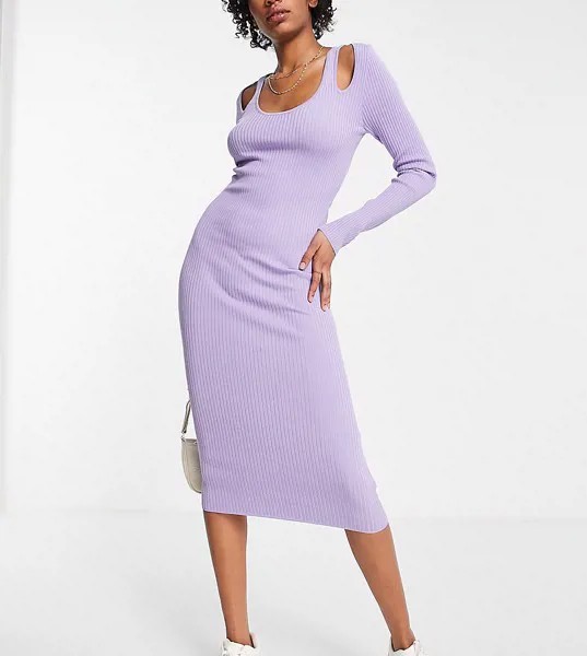 Сиреневое платье миди в рубчик с вырезами на плечах ASOS DESIGN Tall-Фиолетовый цвет