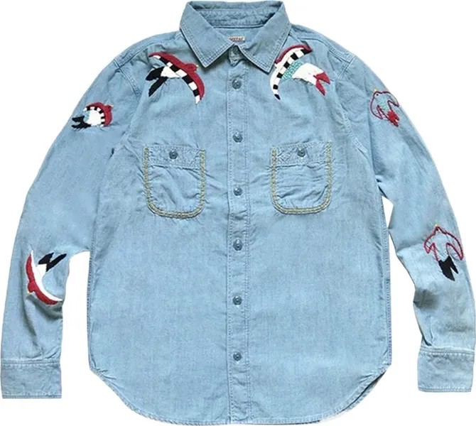 Рубашка Kapital Swallow Emboridery Chambray Work Shirt 'Sax', синий