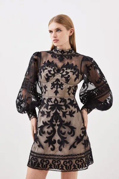 Тканое мини-платье в стиле барокко с аппликацией Karen Millen, черный