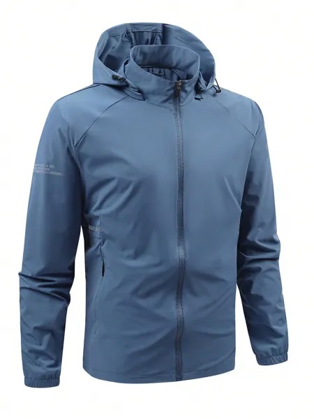 Мужская легкая спортивная куртка с капюшоном и кулиской с буквенным принтом, пыльный синий