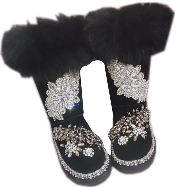 Роскошные черные женские высокие зимние ботинки из натуральной кожи с лисьим мехом, теплая утолщенная плюшевая зимняя обувь со стразами, ручная работа