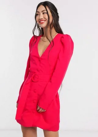 Платье-пиджак с объемными рукавами и винтажным поясом UNIQUE 21-Розовый