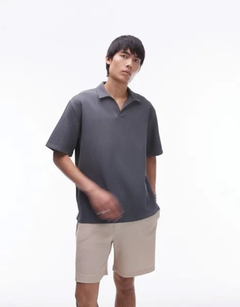 Topman – графитовая рубашка-поло со складками и короткими рукавами
