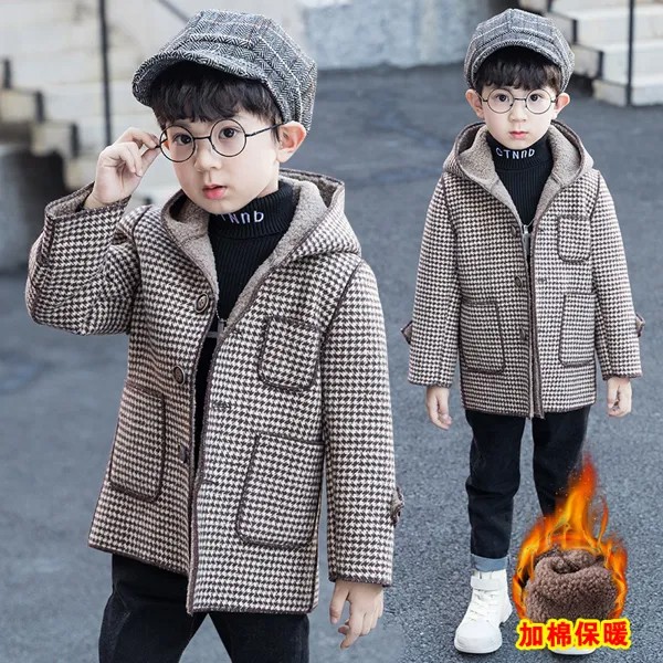 Шерстяное пальто с капюшоном, для мальчиков 4-12 лет, Осень-зима