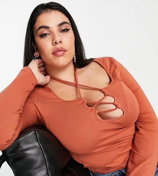 Темно-бурый лонгслив со шнуровкой спереди ASOS DESIGN Curve-Коричневый цвет
