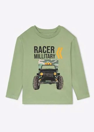 Зелёный лонгслив oversize с принтом Racer millitary для мальчика Gloria Jeans