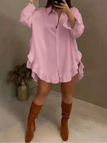 Рубашка женская Shein Privé с рюшами на подоле, розовый