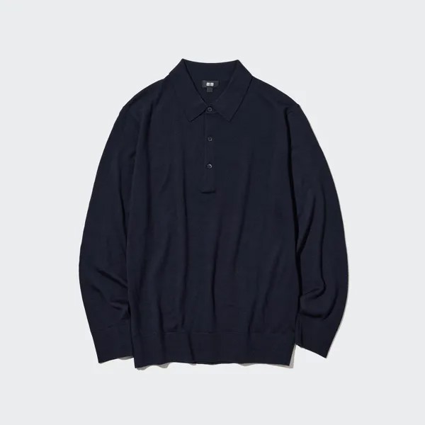 Поло Uniqlo мужское с длинным рукавом из шерсти мериноса, темно-синий