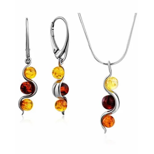 Комплект бижутерии AmberHandmade: серьги, подвеска, янтарь, размер колье/цепочки 40 см, бордовый, коричневый
