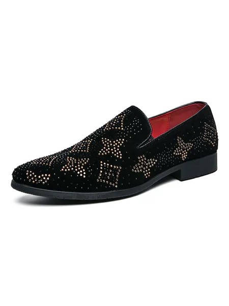 Milanoo Men's Floral Rhinestones Dress Loafers in Black