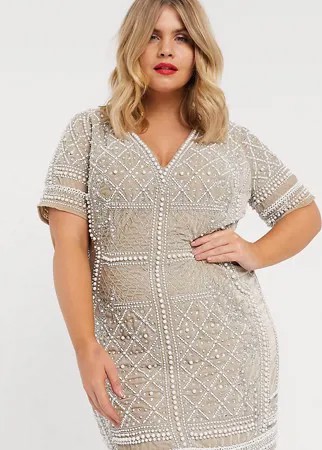 Бархатное платье мини с короткими рукавами и отделкой ASOS DESIGN Curve-Серый