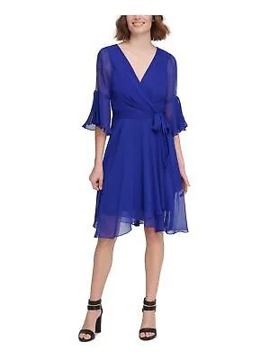 DKNY Womens Blue Tie Flutter с рукавом 3/4 ниже колена Party Faux Wrap Dress 16