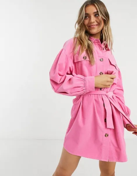 Ярко-розовое вельветовое платье-рубашка мини ASOS DESIGN-Розовый цвет