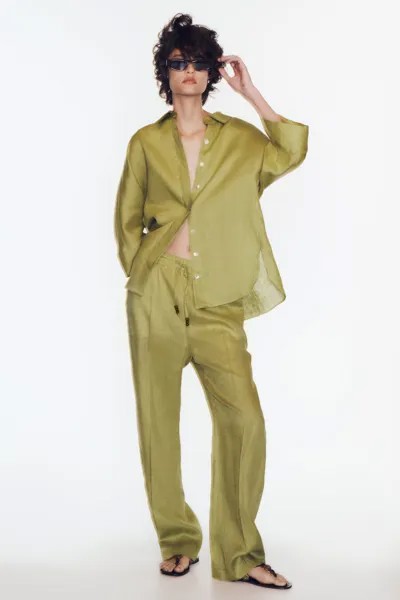 Льняные пижамные брюки Zara, оливково-зеленый