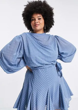 Платье мини со складками, высокой горловиной и юбкой годе ASOS DESIGN Curve-Голубой