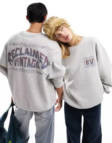 Толстовка унисекс унисекс Reclaimed Vintage серого цвета с принтом в виде серфинга
