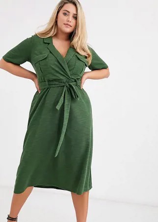 Меланжевое платье-рубашка миди с ремнем ASOS DESIGN Curve-Зеленый