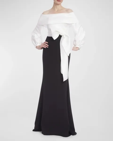 Двухцветное платье-труба с открытыми плечами Badgley Mischka Collection, цвет Ivory Black