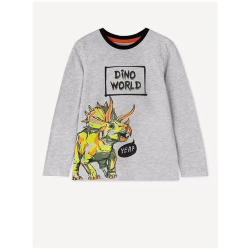 Серый лонгслив с принтом Dino world для мальчика Gloria Jeans, размер 6-7л/122