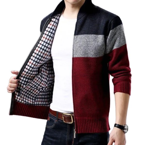 Мужской вязаный кардиган, теплый флисовый свитер с воротником-стойкой, в стиле пэчворк, Осень-зима