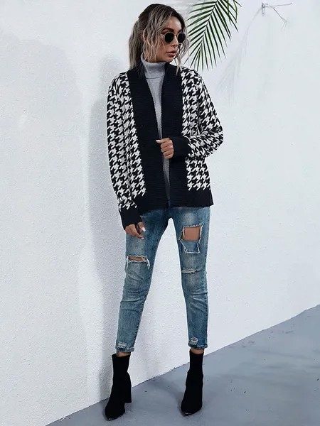 Milanoo Women\'s Sweaters Cardigans Black Polyester Animal Print Long Sleeves V-Neck Sweaters Coats