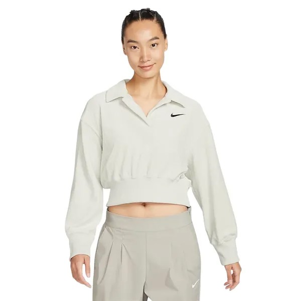 Топ Nike Sportswear Flat Fleece Long Sleeve Lapel, серовато-белый/черный