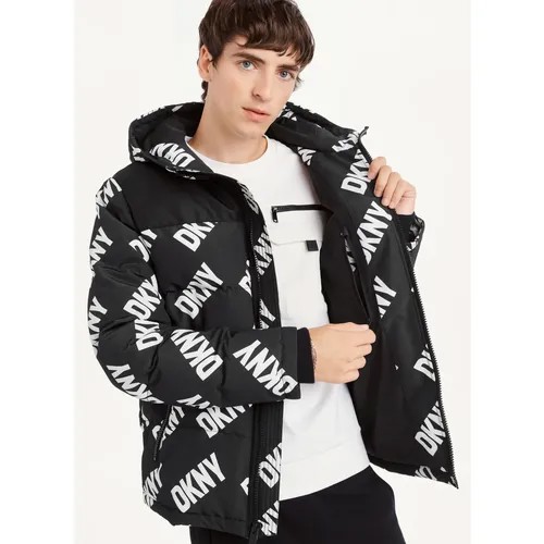 Куртка DKNY зимняя, силуэт свободный, капюшон, подкладка, внутренний карман, ветрозащитная, карманы, размер L, мультиколор