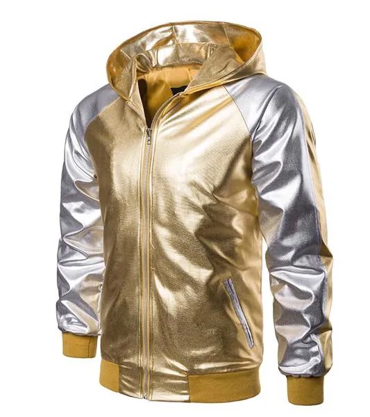 Персонализированные мужские мотоциклетная кожаная куртка золотого, серебряного цвета Глянцевая пальто пиджаки для певцов этап для уличны...
