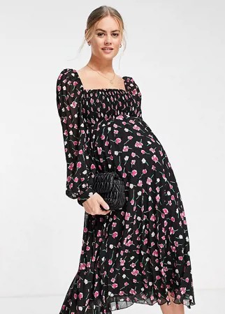 Платье миди со складками, квадратным вырезом и цветочным принтом ASOS DESIGN Maternity-Разноцветный