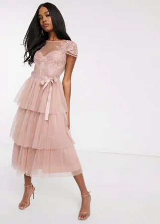 Розовое кружевное платье миди с бантом на талии Forever U-Розовый