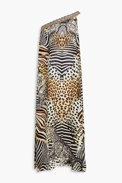 Платье макси из шелкового крепа с декорированным принтом на одно плечо Camilla, цвет Animal print