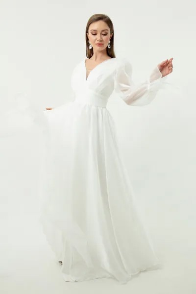 Женское белое длинное вечернее платье с v-образным вырезом и рукавами-фонариками Lafaba, белый