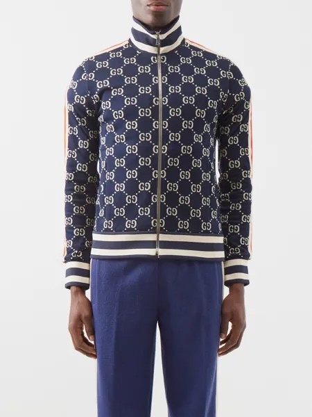 Спортивная куртка из хлопково-махрового жаккарда с узором gg Gucci, синий